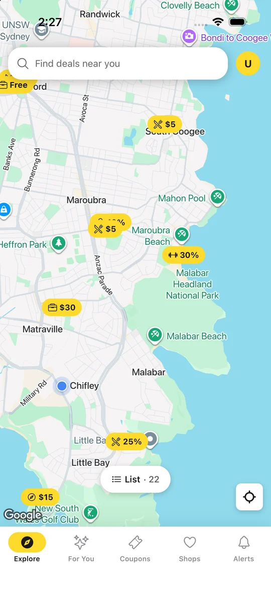 Spotto Explore on iPhone, showing yellow deal markers around southern Sydney on the map.