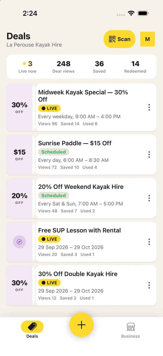 Spotto merchant app preview with kayak offers and illustrative totals of 248 views, 36 saves and 14 redemptions.
