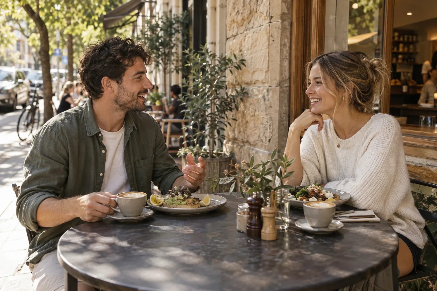 Two friends sharing brunch at an outdoor table beside a Sydney café