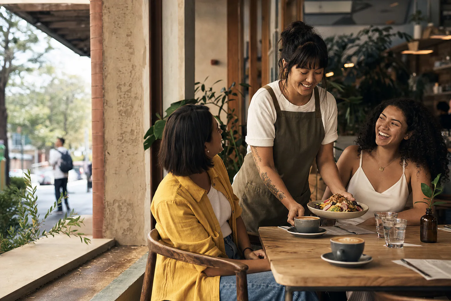 Friends catching up over brunch at a sunny neighbourhood café