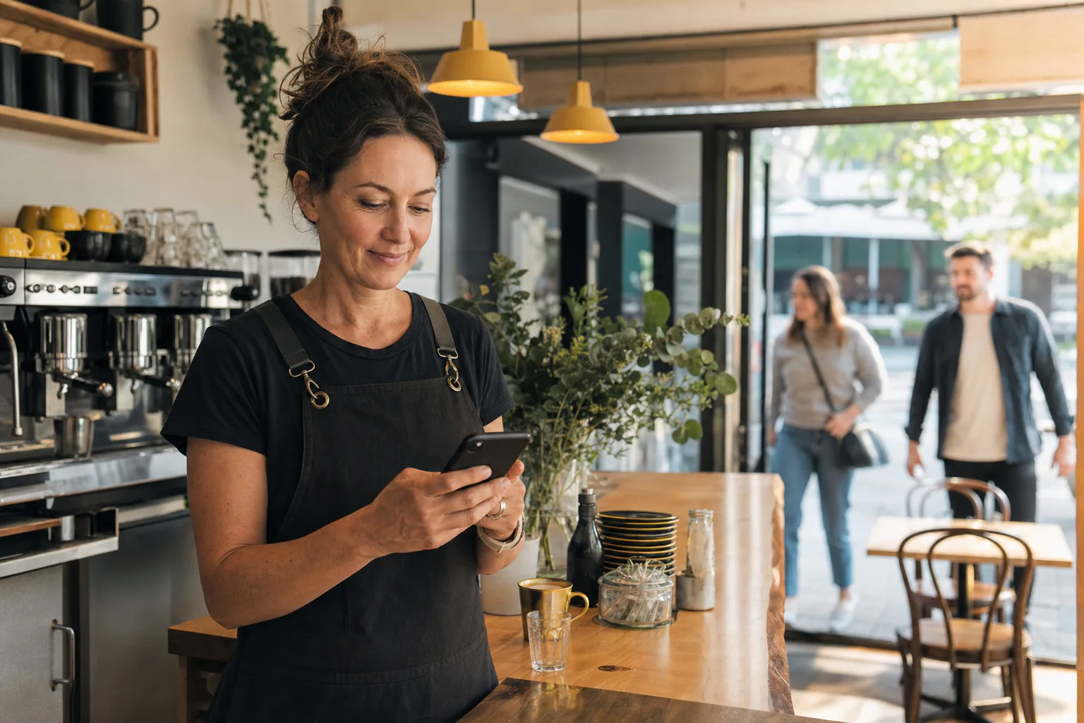 A café owner using her phone between serving customers
